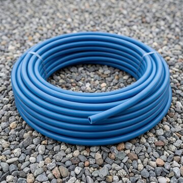 Blue plastic hose is coiled on a bed of small stones in a garden area during daylight