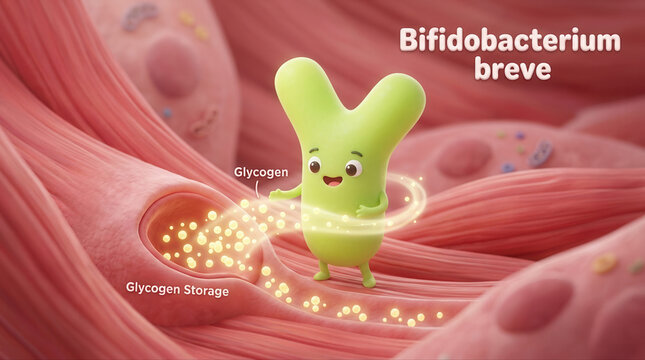 Cheerful bifidobacterium breve microbe character in human gut environment highlighting glycogen storage and good bacteria benefits