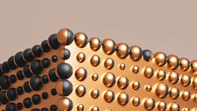 Metallic sphere and cube shapes create an abstract background scene