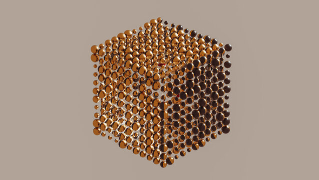 Metallic sphere and cube shapes create an abstract background scene