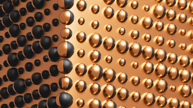 Metallic sphere and cube shapes create an abstract background scene