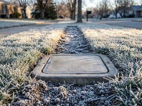 Frost covers grass and a utility cover in a suburban neighborhood on a cold morning