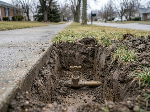 Water valve repair in a residential area during early spring