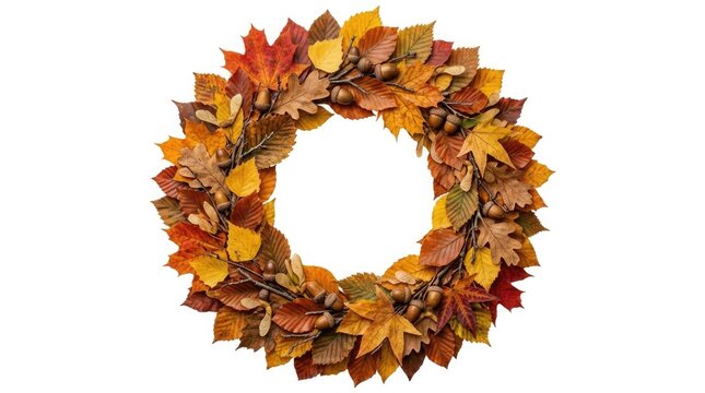 Decorative autumn wreath made of colorful fall leaves isolated on a white background for seasonal home decor