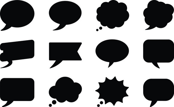 Set of black speech bubbles and thought clouds for comics and chat communication interface