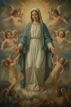 The Virgin Mary in the classic Christian iconographic image of the Queen of Heaven, floating on a cloud surrounded by cherubim and angels.