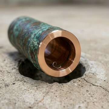 Unique metal and stone object on a concrete surface near a hole