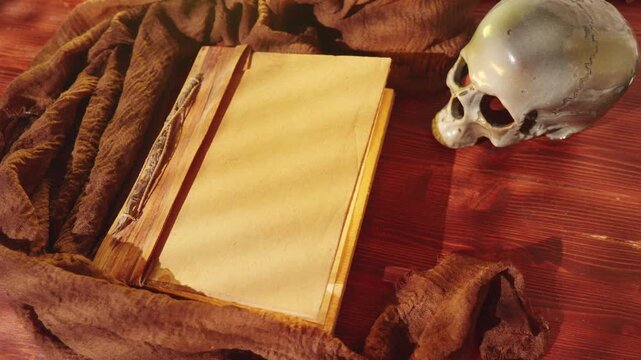Old tome with skull ambiance. Antique volume next to mortal remains. Historical book placed beside skeletal relic on fabric