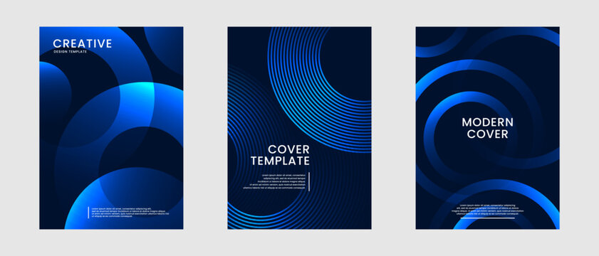 Minimal abstract covers set. Blue circles background bundle with glowing lines effect decoration in dark space. Modern graphic design element stripes style concept for web, art, card, or brochure