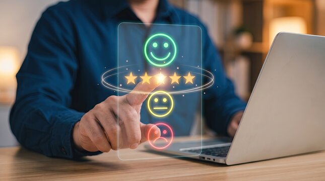 A business person using a digital interface to provide a five star rating for customer service and experience excellence