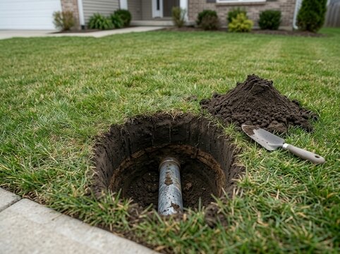Work is being done on a yard with a dug hole exposing a pipe and dirt pile in front of a house