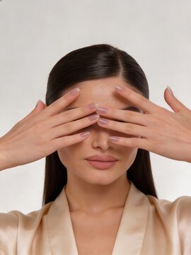 Sophisticated woman with styled hair and softly lit background exuding calm and mystery