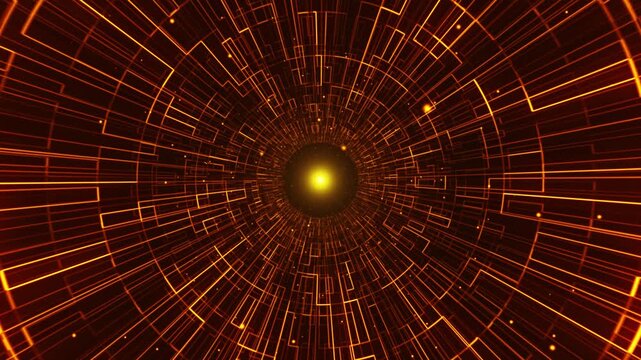 Movement through a digital tunnel of glowing orange lines rushes toward a bright core, creating a sense of high speed. The animation conveys concepts of cybersecurity, big data, and modern technology.