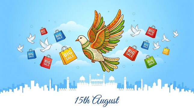 Watercolor illustration of a flying bird with colorful kites for happy independence day celebration