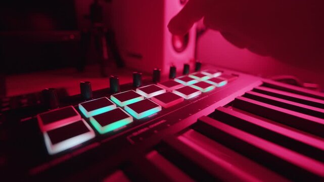 A person is using a music keyboard with colored lights in a home studio at night