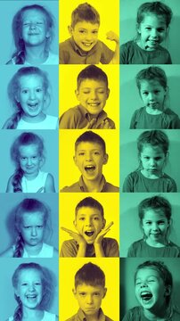Collage. Childhood Happiness. Playful children's portraits with vibrant duoton