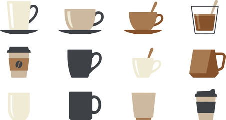 Obraz premium Set of flat vector coffee cups and mugs in different designs including takeaway and ceramic styles for cafe use
