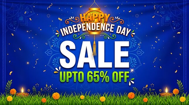 Festive happy independence day sale banner design with sixty five percent discount offer on blue background