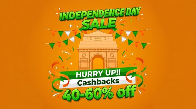 Promotional banner design for happy independence day sale featuring india gate and festive tricolor elements