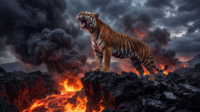 Tiger Roaring on Rocky Cliff Surrounded by Smoke and Fire