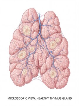 A detailed microscopic view of a healthy thymus gland showing its lobular structure and vessels.