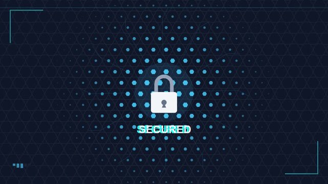 Cybersecurity digital padlock icon with secured text on blue