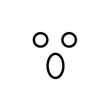 A minimalist vector icon of a surprised face with wide circular eyes and an open oval mouth, thick black lines on a white background, conveying simple joy and friendliness