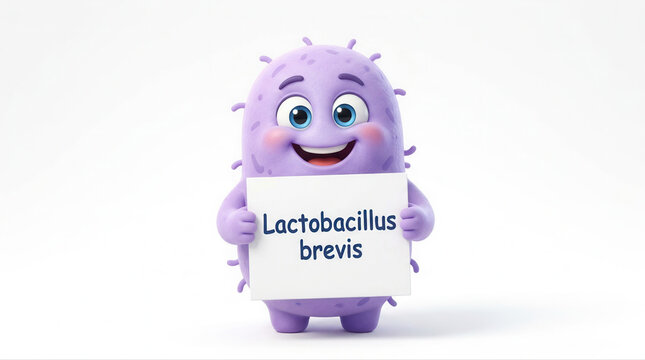 Happy cartoon microbe character displaying a sign promoting the benefits of lactobacillus brevis probiotic bacteria