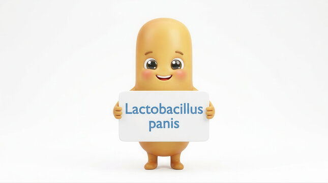 Adorable cartoon figure symbolizing lactobacillus panis proudly displaying a sign featuring the name of probiotic bacteria
