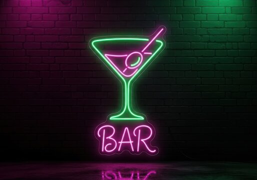 Neon martini glass with stirrer and bar sign