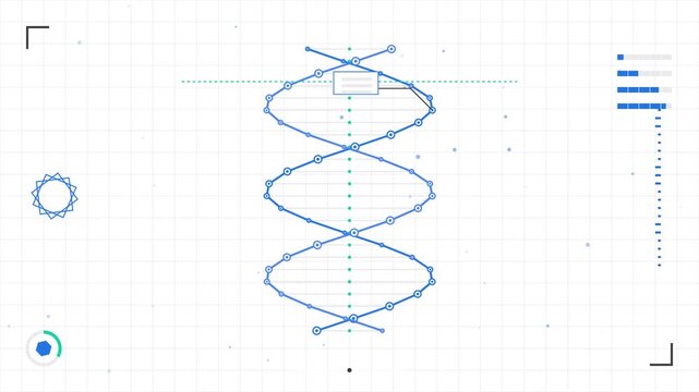 Rotating dna helix with scientific data interface on white background