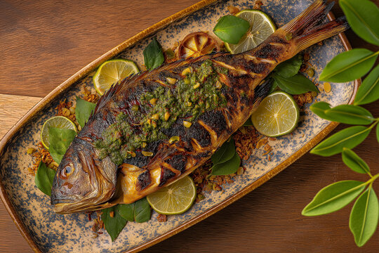 Authentic Bruneian Halal Ikan Bakar with Green Herb Sauce and Lime