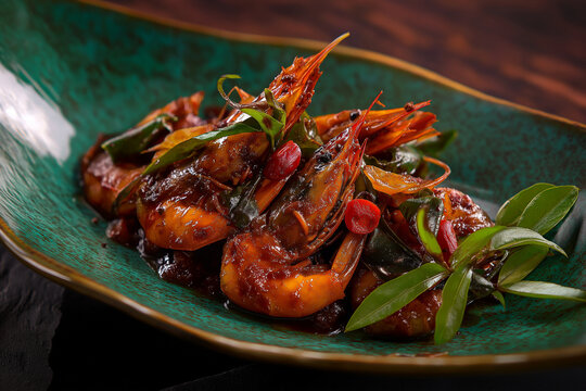 Authentic Bruneian Halal Udang Sambal with Whole Prawns and Green Garnish