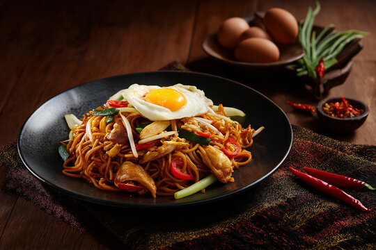 Authentic Bruneian Halal Mee Goreng with Chicken, Vegetables and Fried Egg