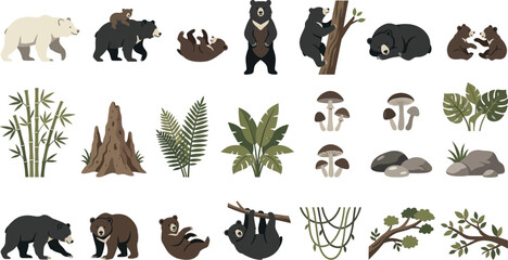 Obraz premium Set of flat vector illustrations of bears in various poses with forest plants, bamboo, and natural landscape