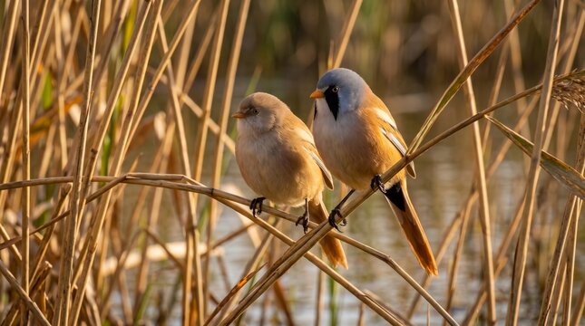 bearded reedling (panurus biarmicus) pair perched together among golden reeds