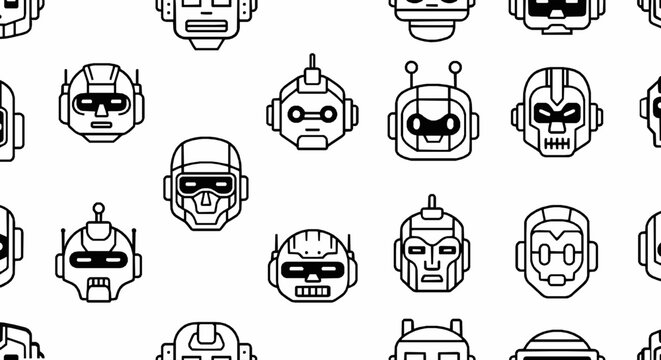 Seamless pattern featuring diverse stylized robotic android heads arranged in a minimalist repeating grid layout