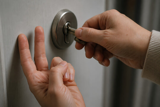 Close-up of hands checking door lock while counting key turns, conceptual representation of obsessive compulsive disorder