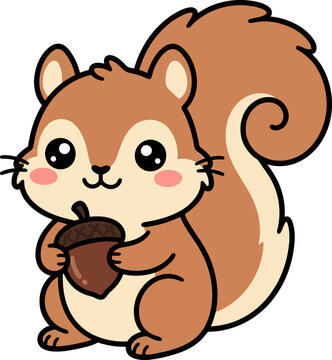 Cute cartoon squirrel holding an acorn illustration suitable for a fun children coloring book page design project