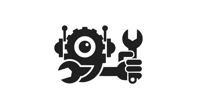 Minimalist black robot icon holding a wrench symbolizing technical maintenance and mechanical automation support solutions