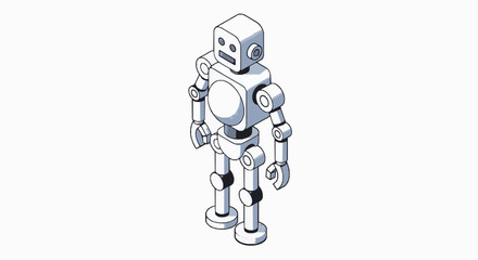 Fototapeta premium Minimalist isometric robot character standing tall against a clean solid white background surface design