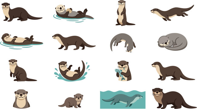 Set of sixteen cute river and sea otter vector illustrations showing various poses and activities in flat design