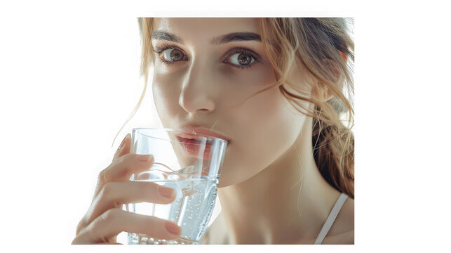 Portrait of young woman drinking water from glass with close portrait on transparent background