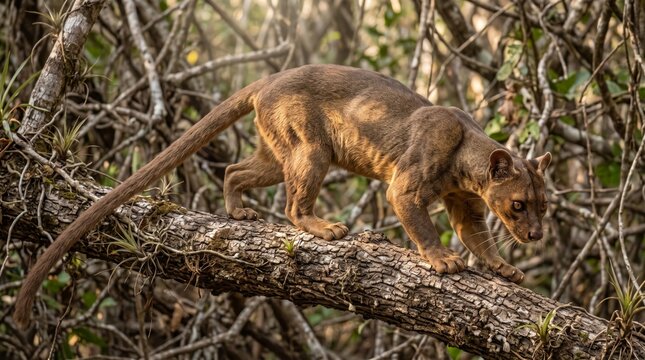 fossa (cryptoprocta ferox) stalking along a tree branch in madagascar forest