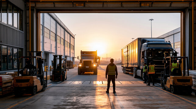 Silhouetted warehouse loading dock with forklift trucks and semi truck at open bay door in bright daylight with high visibility staff