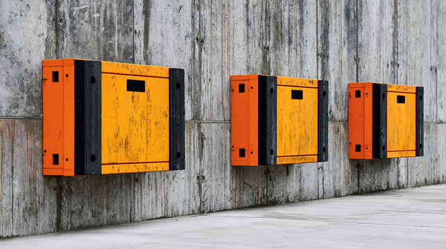 Close up of weathered rubber dock bumpers on a concrete warehouse wall with scuff marks in bright natural daylight industrial protection equipment