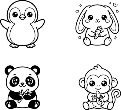 Cute kawaii animal characters for a kids coloring book featuring a penguin bunny panda and monkey illustration