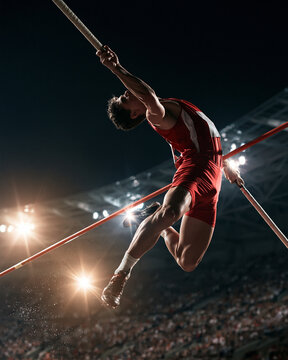 Male athlete in red uniform pole vault jump at night stadium with cheering crowd, Olympic track and field action