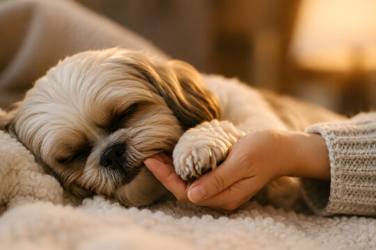 Dog Owner Holding Pet's Paw, Pet Care and Protection Concept 