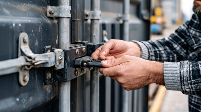 Closeup of dock worker hands securing an industrial shipping container lock mechanism at a bright port terminal with clean metal texture and natural daylight
